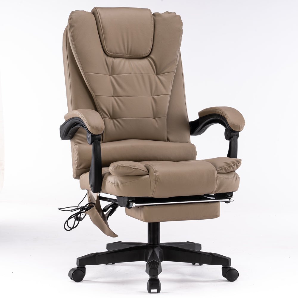 8-Point Massage Chair | Executive Office Computer Seat | Footrest Recliner | PU Leather Beige