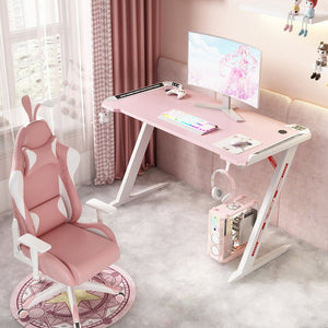 120cm RGB Gaming Desk | Home Office | Carbon Fiber LED Lights | Game Racer Computer PC Table | Z-Shaped | Pink