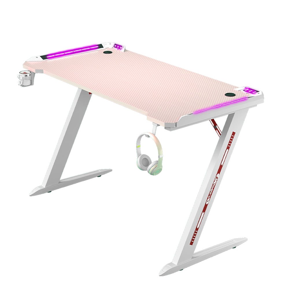 140cm RGB Gaming Desk | Home Office | Carbon Fiber LED Lights | Game Racer Computer PC Table | Z-Shaped | Pink