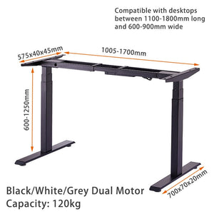 160cm Standing Desk | Height Adjustable | Sit Stand Motorised | Grey Dual Motors Frame | White Top