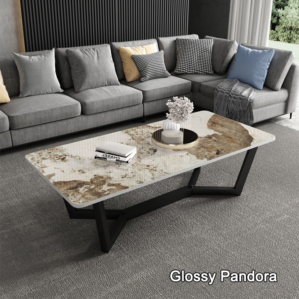 120x60cm Glossy Pandora Minimalist Slate Coffee Table | Marble Tea Table | Solid Metal Legs