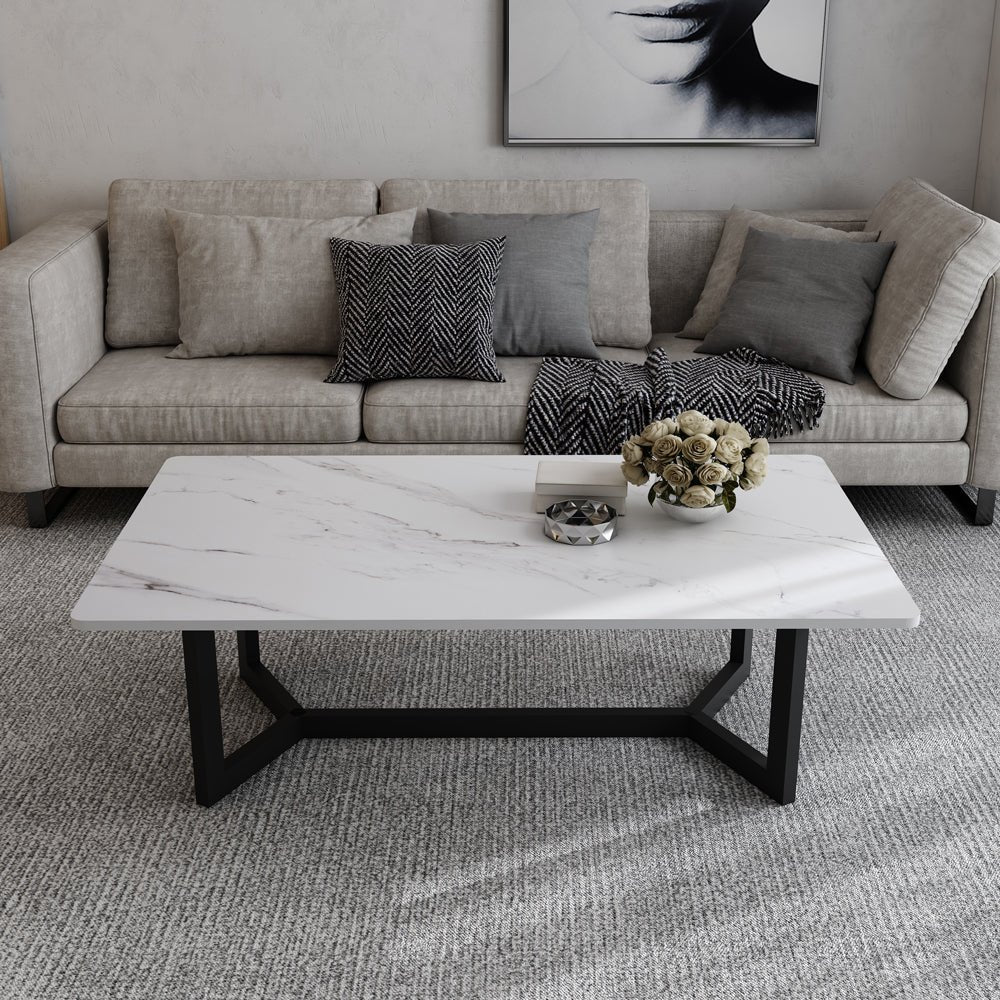 120x60cm Glossy White Minimalist Slate Coffee Table | Marble Tea Table | Solid Metal Legs