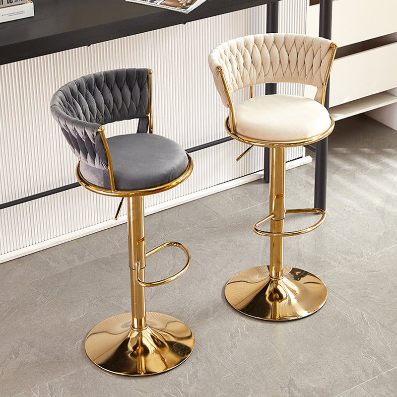 2x Adjustable Swivel Bar Stools | Velvet Upholstery | Gold Base | Padded Seat | Beige