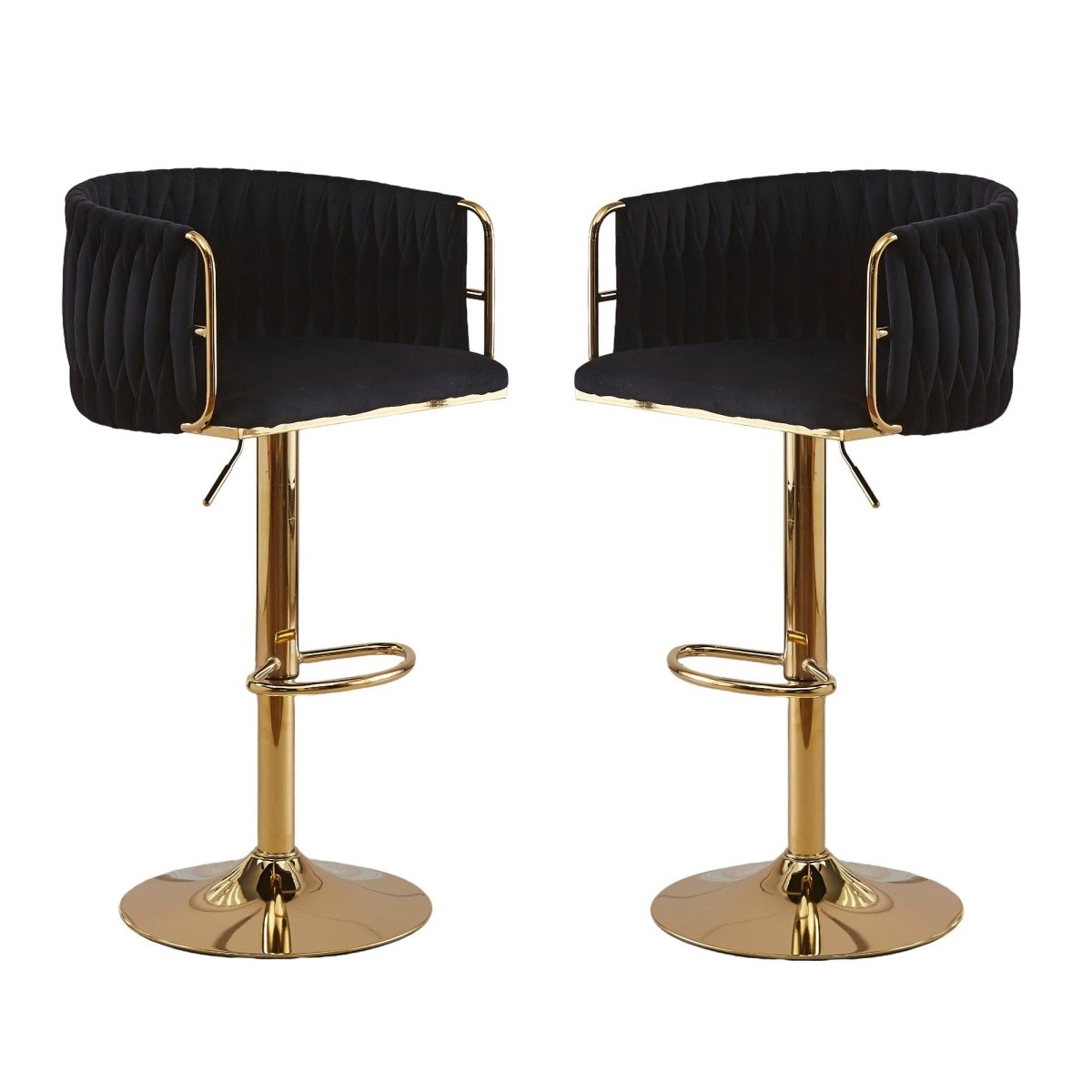 2X Height Adjustable Black Swivel Bar Stool | Velvet Golden Round Base | Barstools Chairs