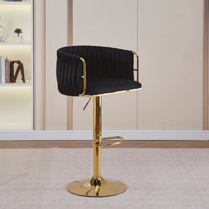 2X Height Adjustable Black Swivel Bar Stool | Velvet Golden Round Base | Barstools Chairs