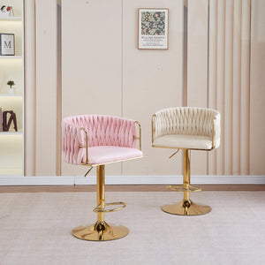 2X Height Adjustable Black Swivel Bar Stool | Velvet Golden Round Base | Barstools Chairs