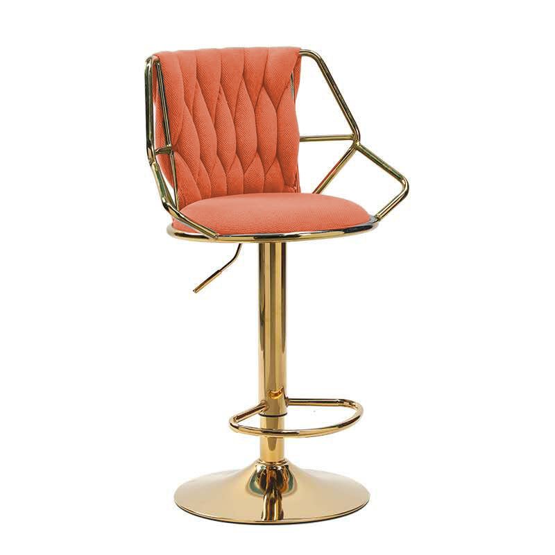 2X Height Velvet Padded Golden Round Base Barstools Chairs | with Backrest and Footrest | Orange