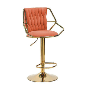 2X Height Velvet Padded Golden Round Base Barstools Chairs | with Backrest and Footrest | Orange