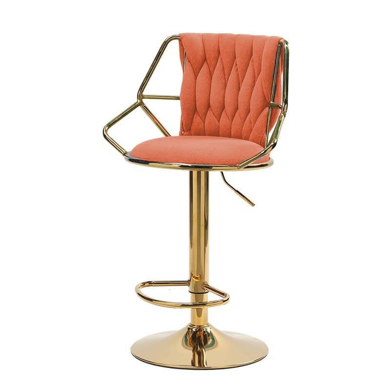 2X Height Velvet Padded Golden Round Base Barstools Chairs | with Backrest and Footrest | Orange