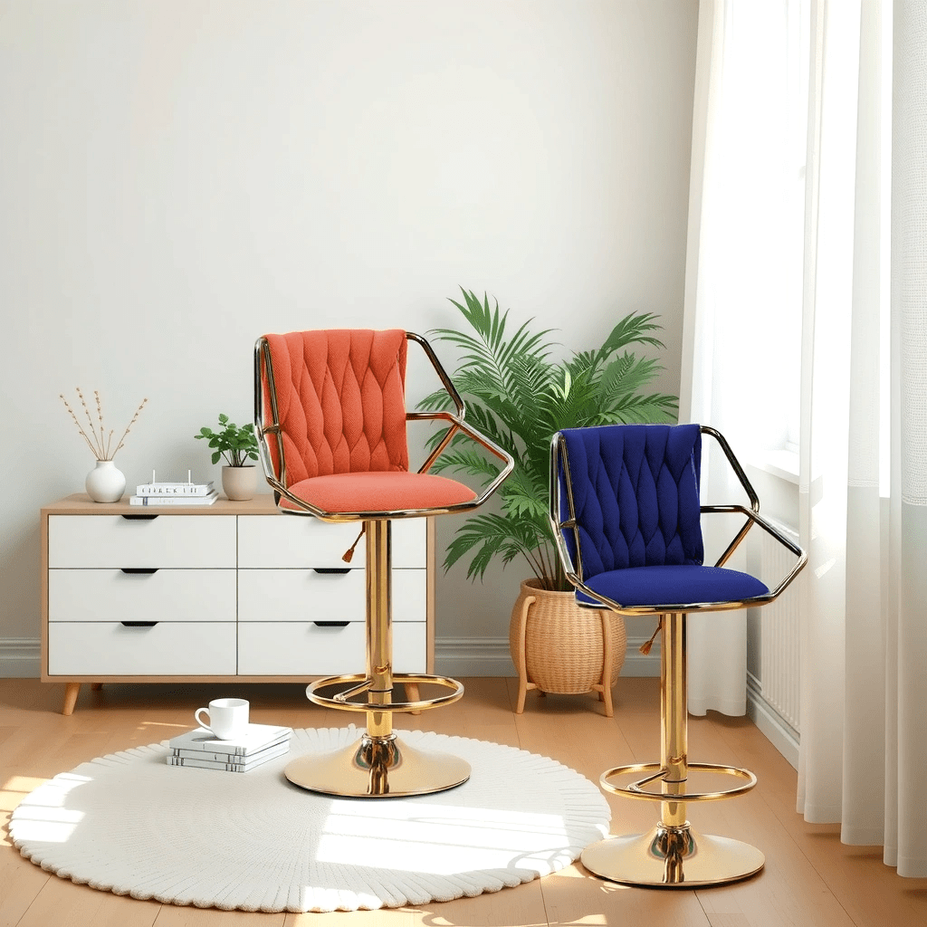 2X Height Velvet Padded Golden Round Base Barstools Chairs | with Backrest and Footrest | Beige