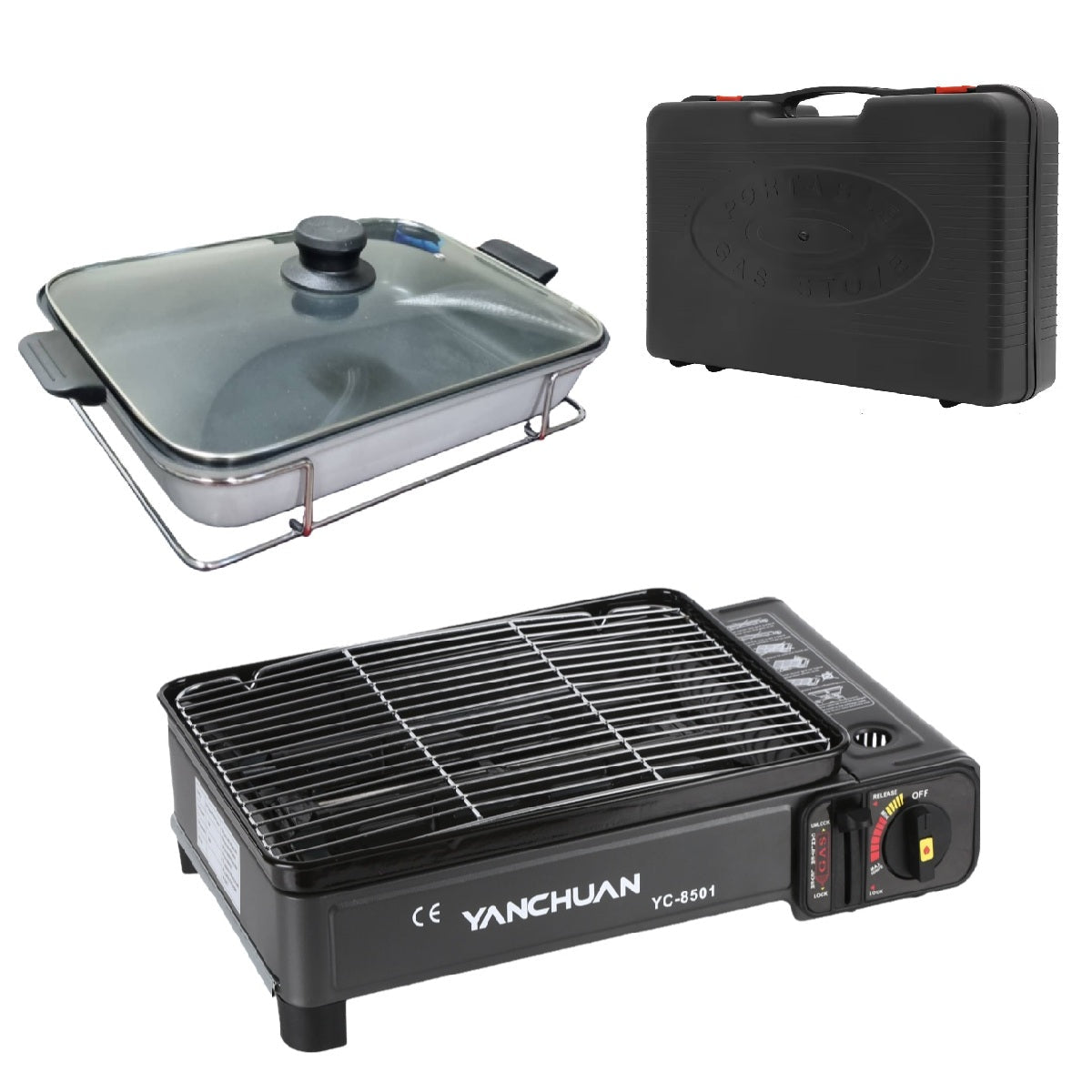 Portable Gas Stove Burner Butane BBQ Camping Gas Cooker With Non Stick Plate Black with Fish Pan and Lid