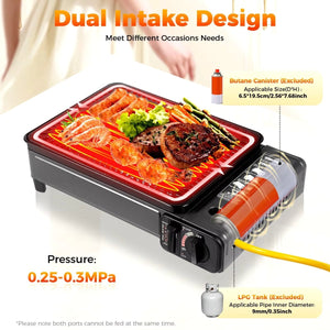 Portable Gas Stove Burner Butane BBQ Camping Gas Cooker With Non Stick Plate Black with Fish Pan and Lid