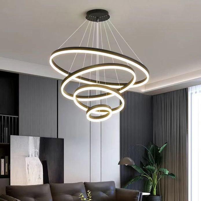 Black 5-Ring Minimalist LED Pendant Light | Adjustable Circular Chandelier