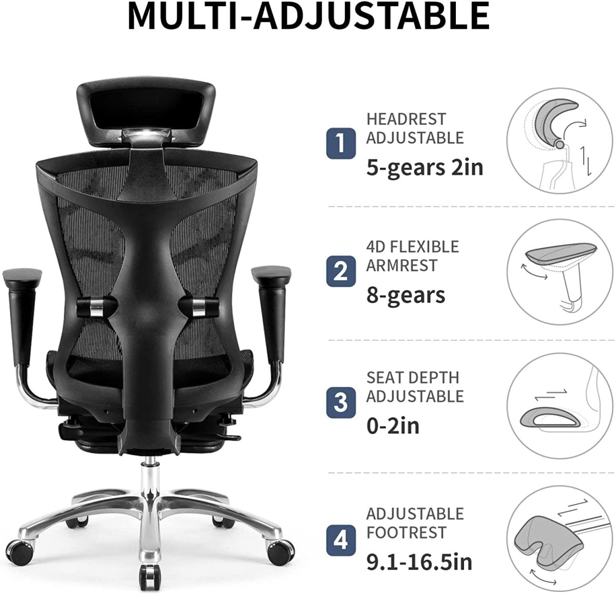 Sihoo Ergonomic Office Chair V1 | 4D Adjustable High-Back | Breathable with Footrest and Lumbar Support | Grey
