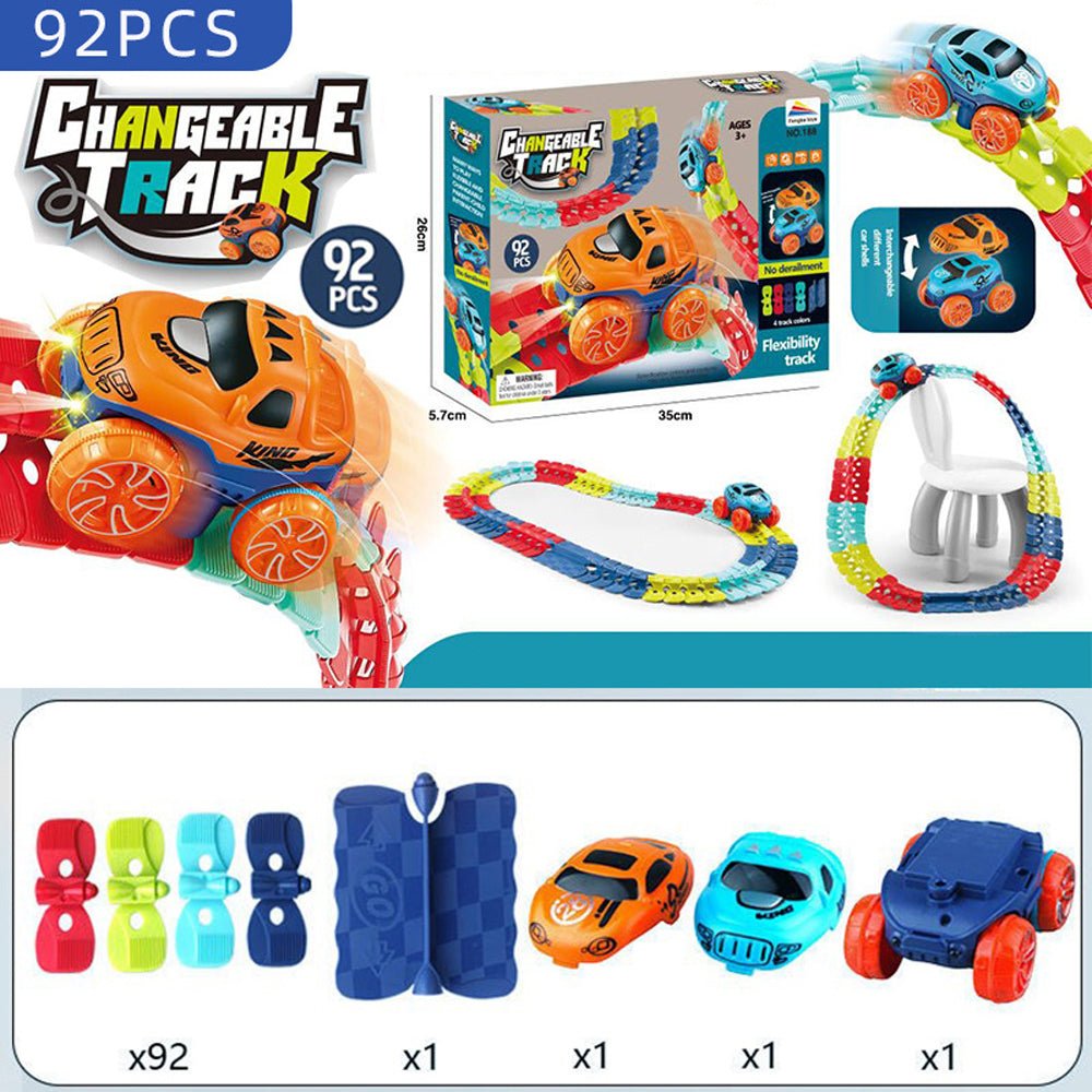 Changeable Track In The Dark Track with LED Light-Up Race Car | Flexible Track Toy | 92
