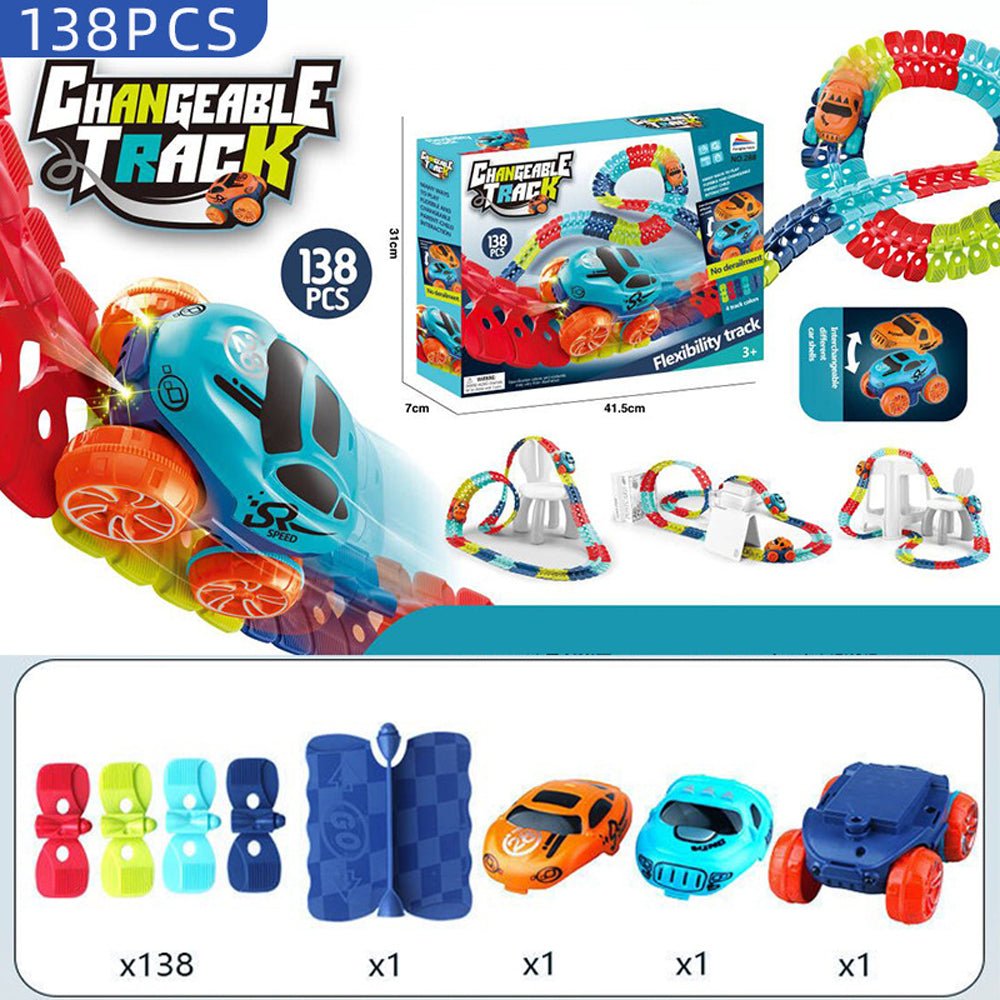 Changeable Track In The Dark Track with LED Light-Up Race Car | Flexible Track Toy | 92