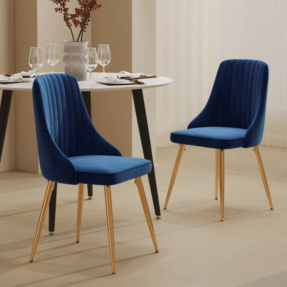 Viva Forever | Set of 2 Blue Velvet Dining Chairs | Art Deco Design | Gold Metal Legs