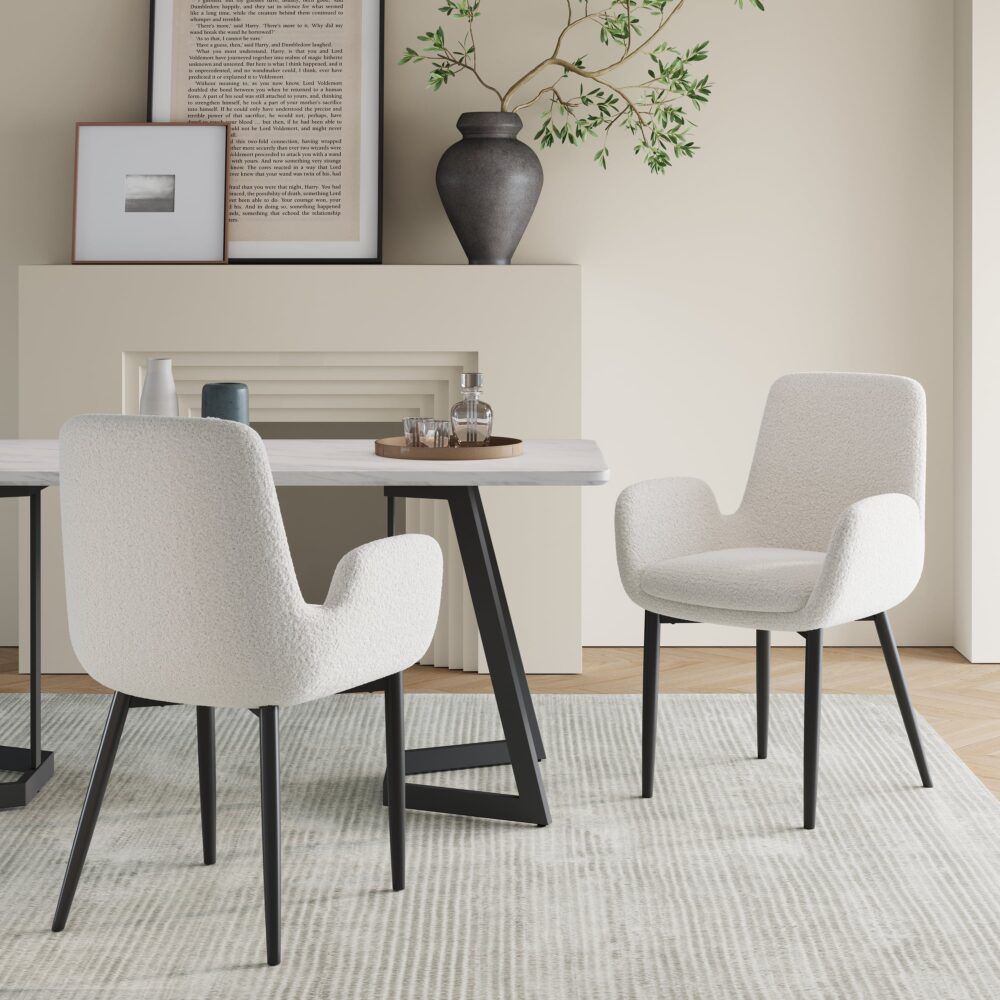 Boucle – Teddy Sherpa Fabric Bliss Armrest Dining Chair Ensemble