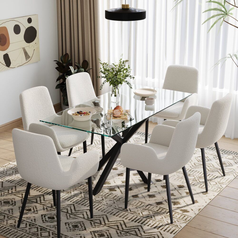 Boucle – Teddy Sherpa Fabric Bliss Armrest Dining Chair Ensemble