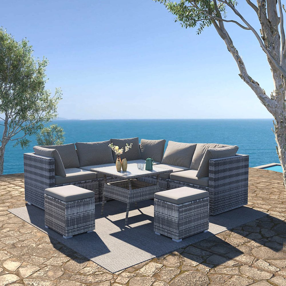 8PC Outdoor Dining Set | Wicker Table & Chairs | Grey