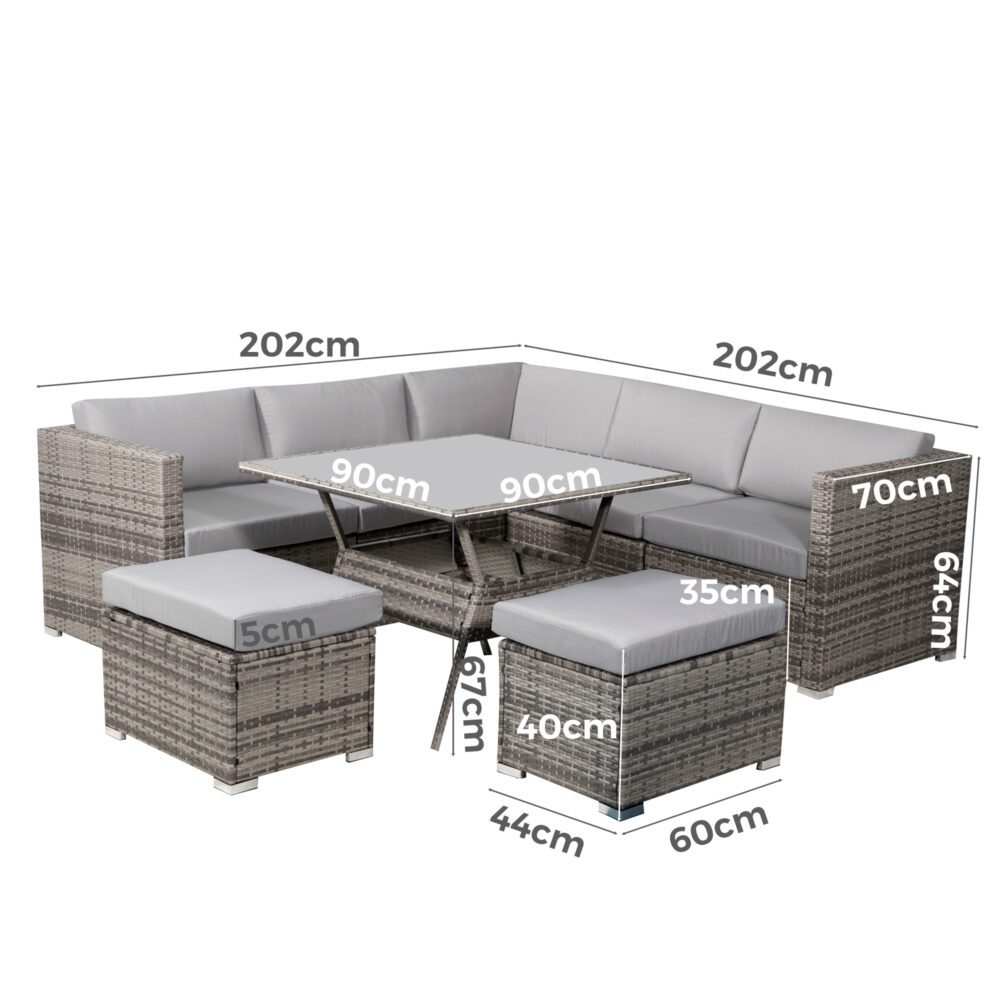 8PC Outdoor Dining Set | Wicker Table & Chairs | Grey