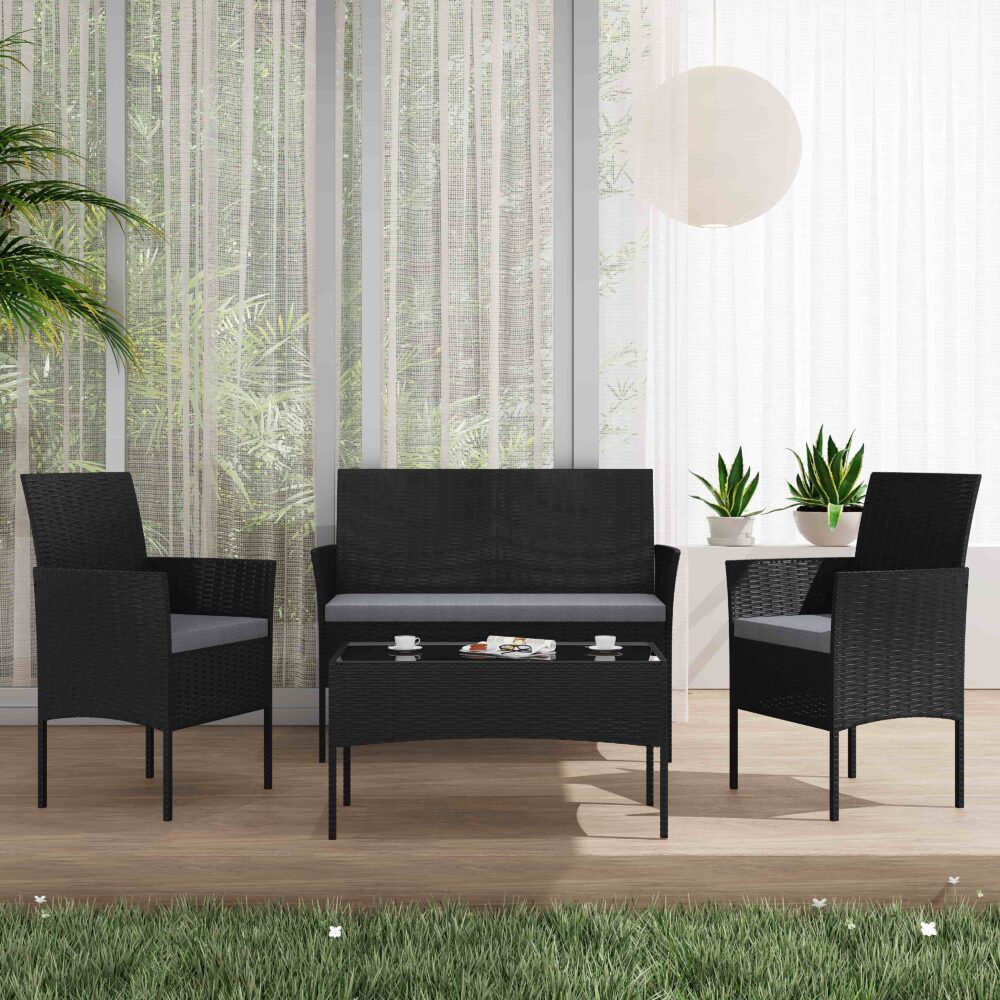4 Seater Wicker Outdoor Lounge Set - Black