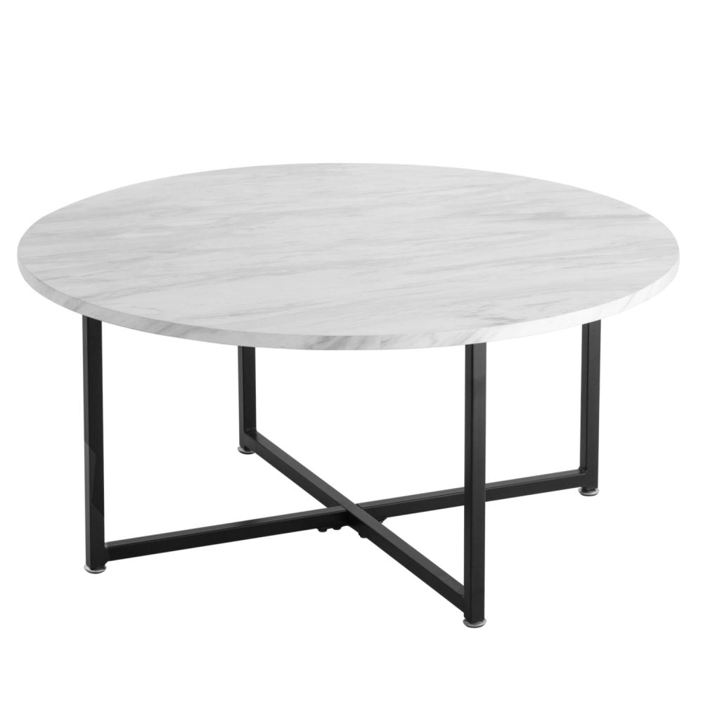 White Marble Effect Round Coffee Table | Black Legs | Elegant Design