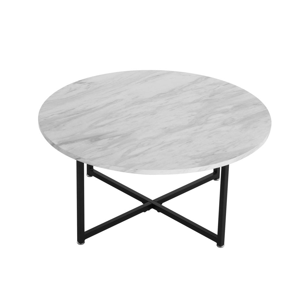 White Marble Effect Round Coffee Table | Black Legs | Elegant Design