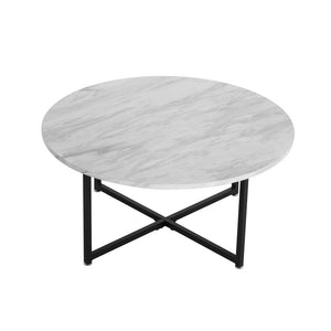 White Marble Effect Round Coffee Table | Black Legs | Elegant Design