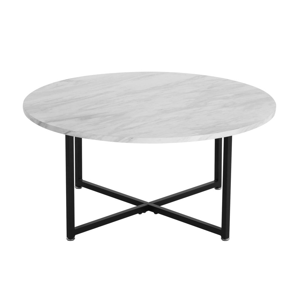 White Marble Effect Round Coffee Table | Black Legs | Elegant Design