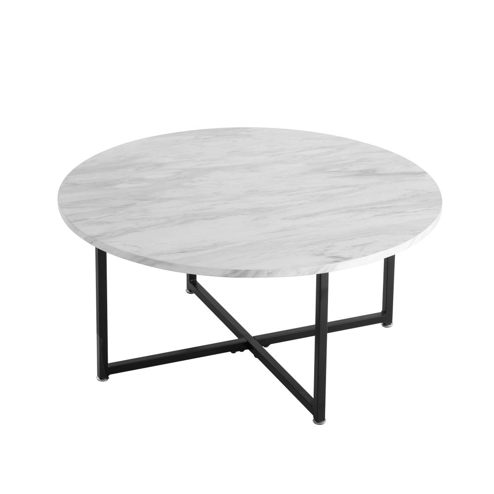 White Marble Effect Round Coffee Table | Black Legs | Elegant Design