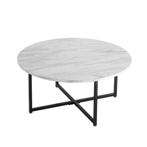 White Marble Effect Round Coffee Table | Black Legs | Elegant Design