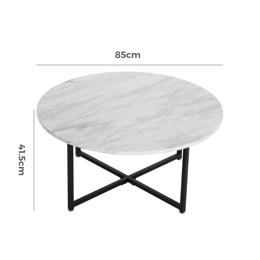 White Marble Effect Round Coffee Table | Black Legs | Elegant Design