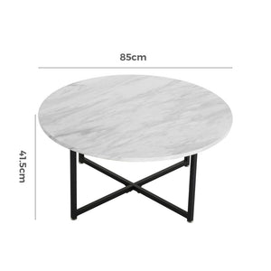 White Marble Effect Round Coffee Table | Black Legs | Elegant Design