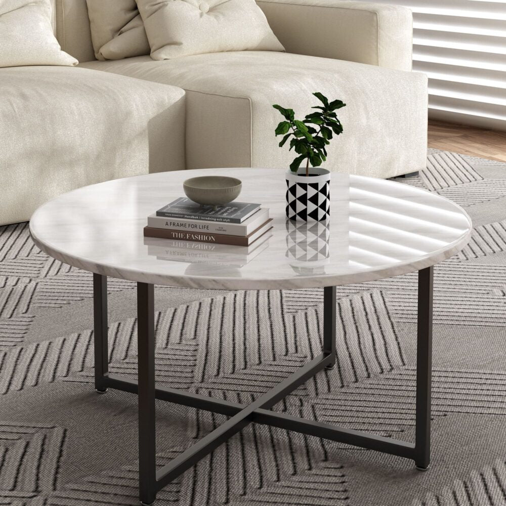 White Marble Effect Round Coffee Table | Black Legs | Elegant Design