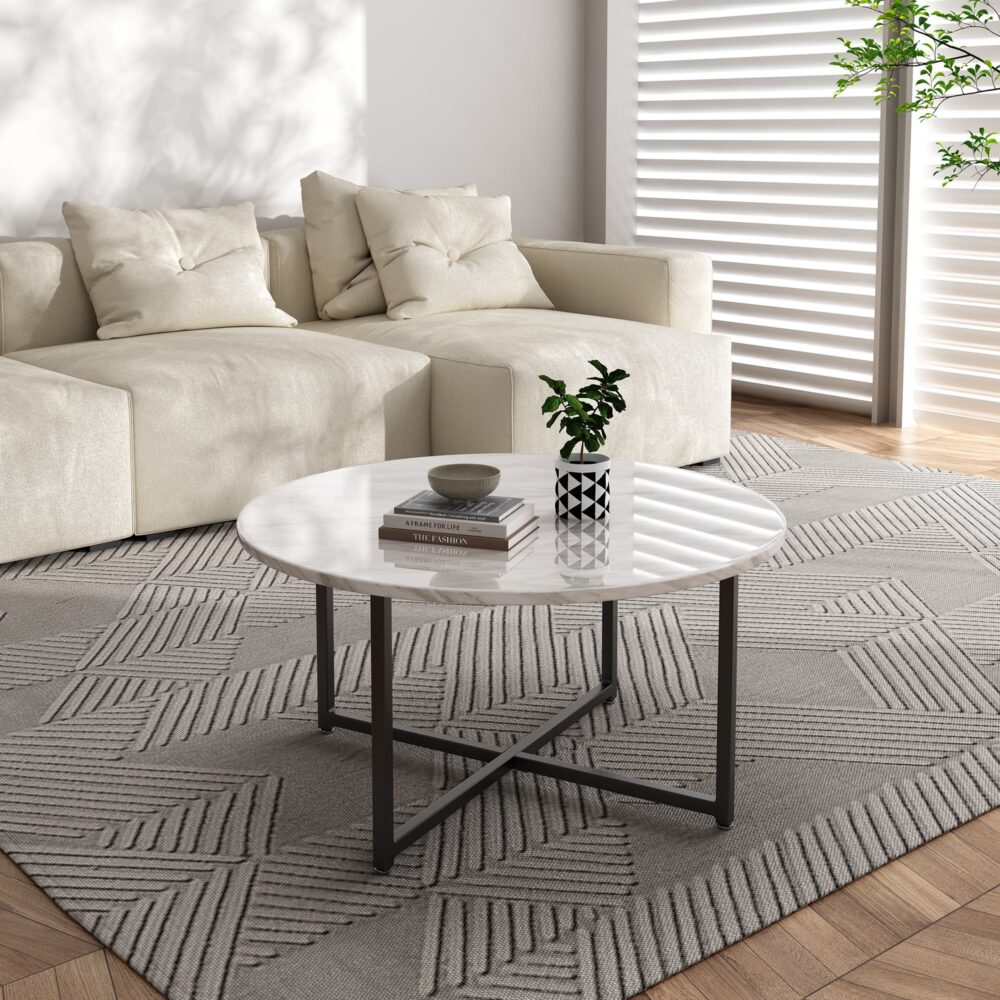 White Marble Effect Round Coffee Table | Black Legs | Elegant Design
