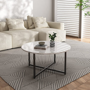 White Marble Effect Round Coffee Table | Black Legs | Elegant Design