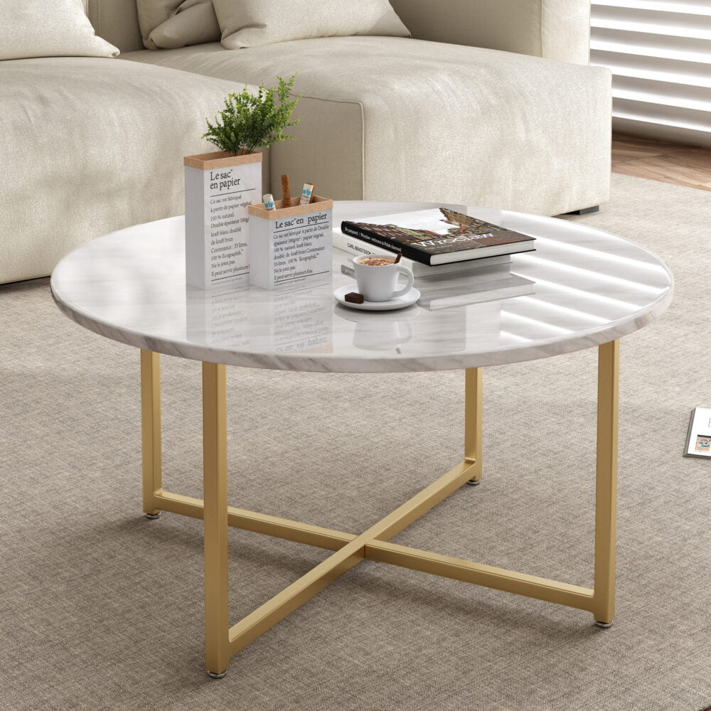White Marble Effect Round Coffee Table | Gold Legs | Luxurious Style