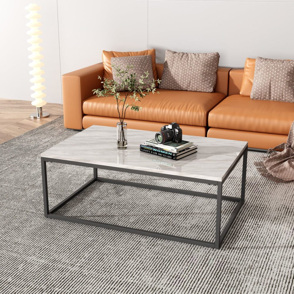 Industrial Style Marble Effect Rectangular Coffee Table | Contemporary Design