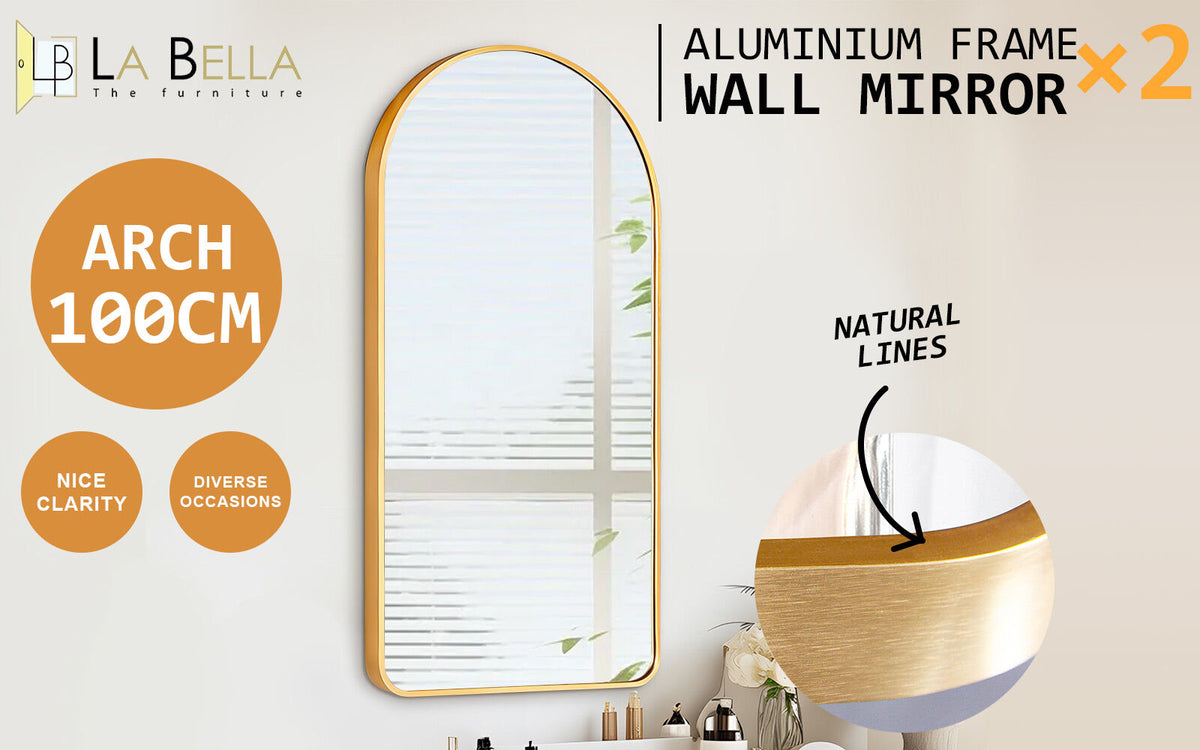 2 Set Wall Arch Mirror | Arc Aluminum Frame | Bathroom | 50x100cm | Gold