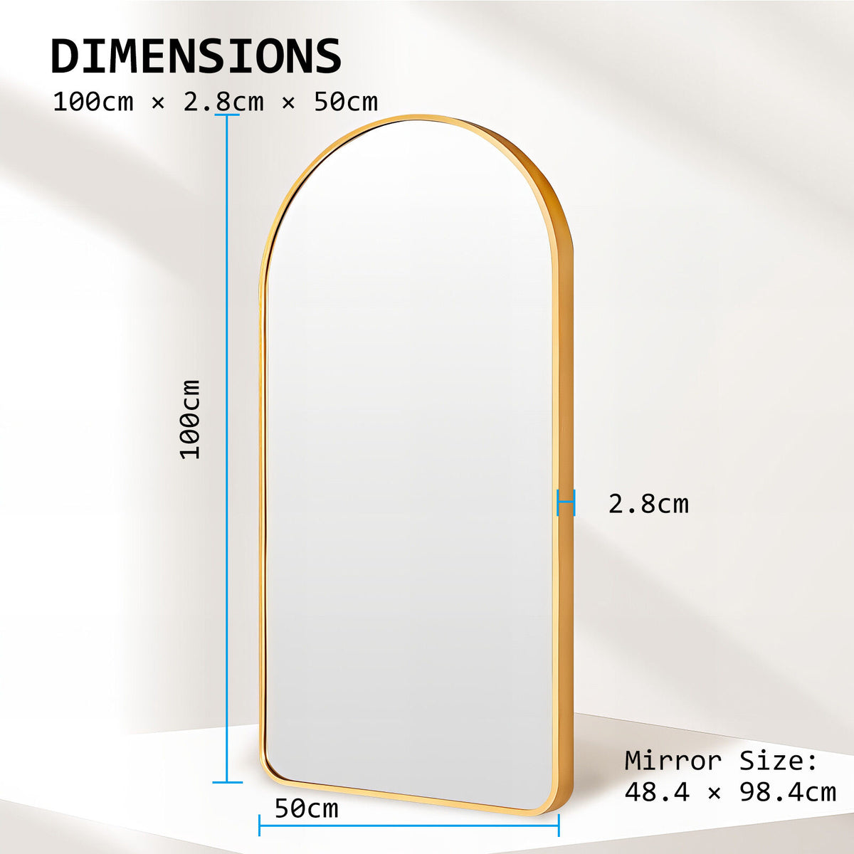 2 Set Wall Arch Mirror | Arc Aluminum Frame | Bathroom | 50x100cm | Gold