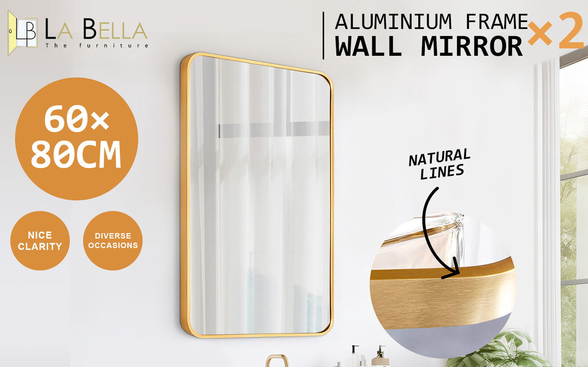 2 Set Wall Mirror | Rectangular Aluminum Frame | Bathroom | 60x80cm | Gold