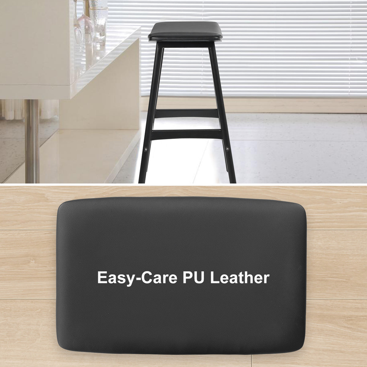 2X Wooden Bar Stool | Padded PU Leather Dining Chair | Kanso | 65cm | Black