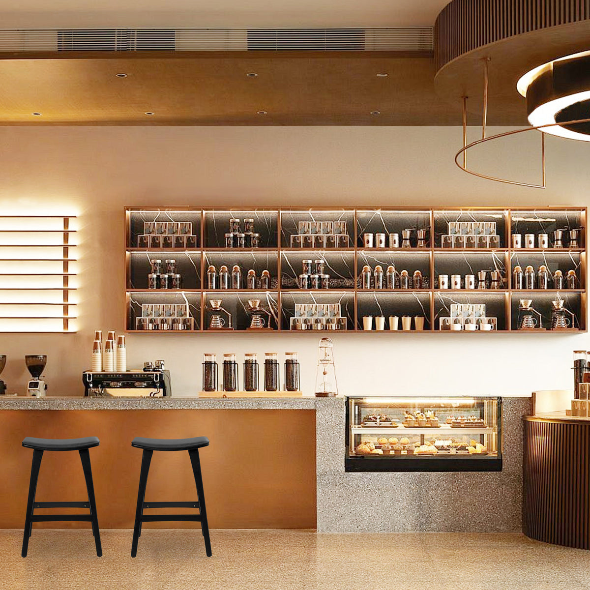 2X Wooden Bar Stool | Padded PU Leather Dining Chair | Kanso | 65cm | Black