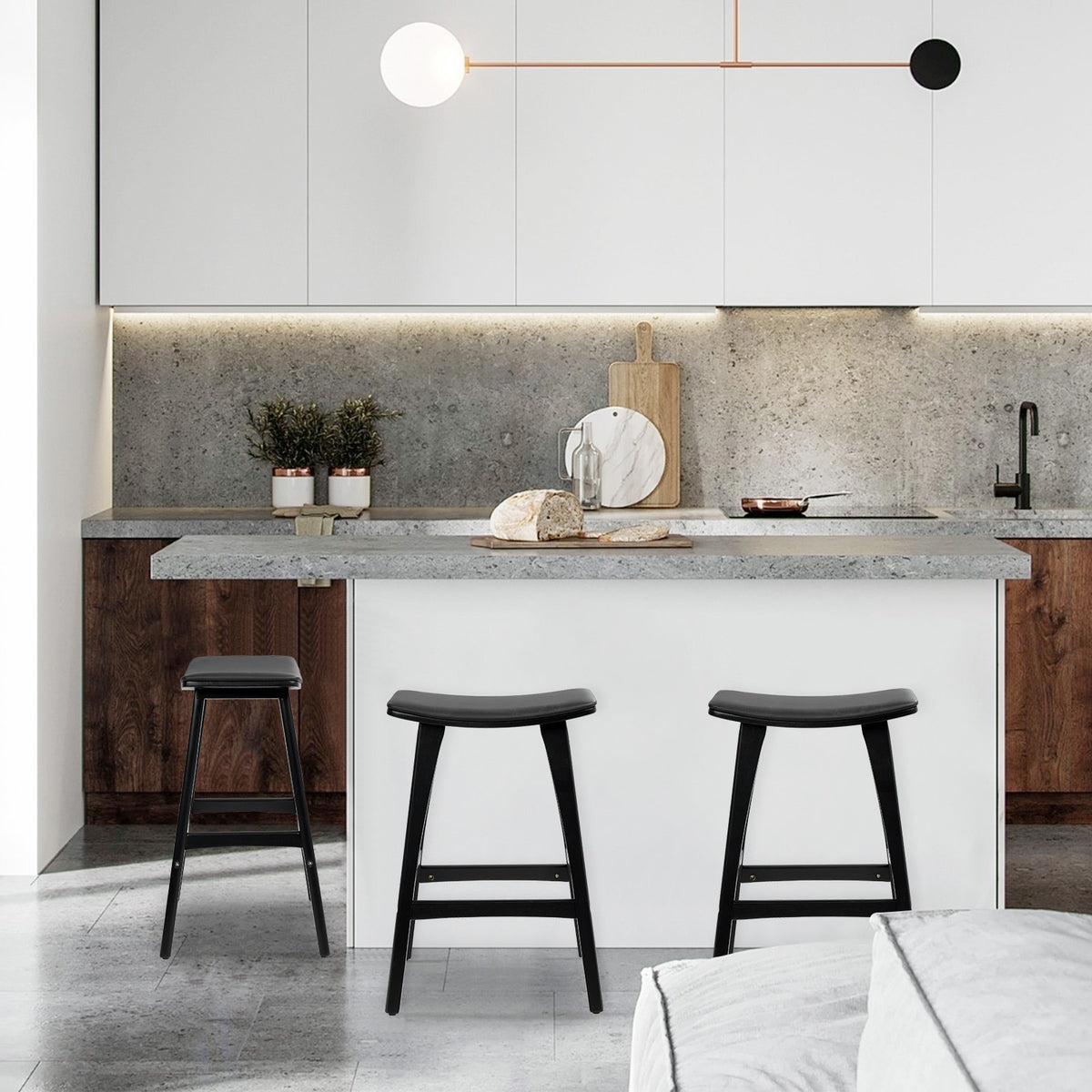 4X Wooden Bar Stool | Padded PU Leather Dining Chair | Kanso | 65cm | Black