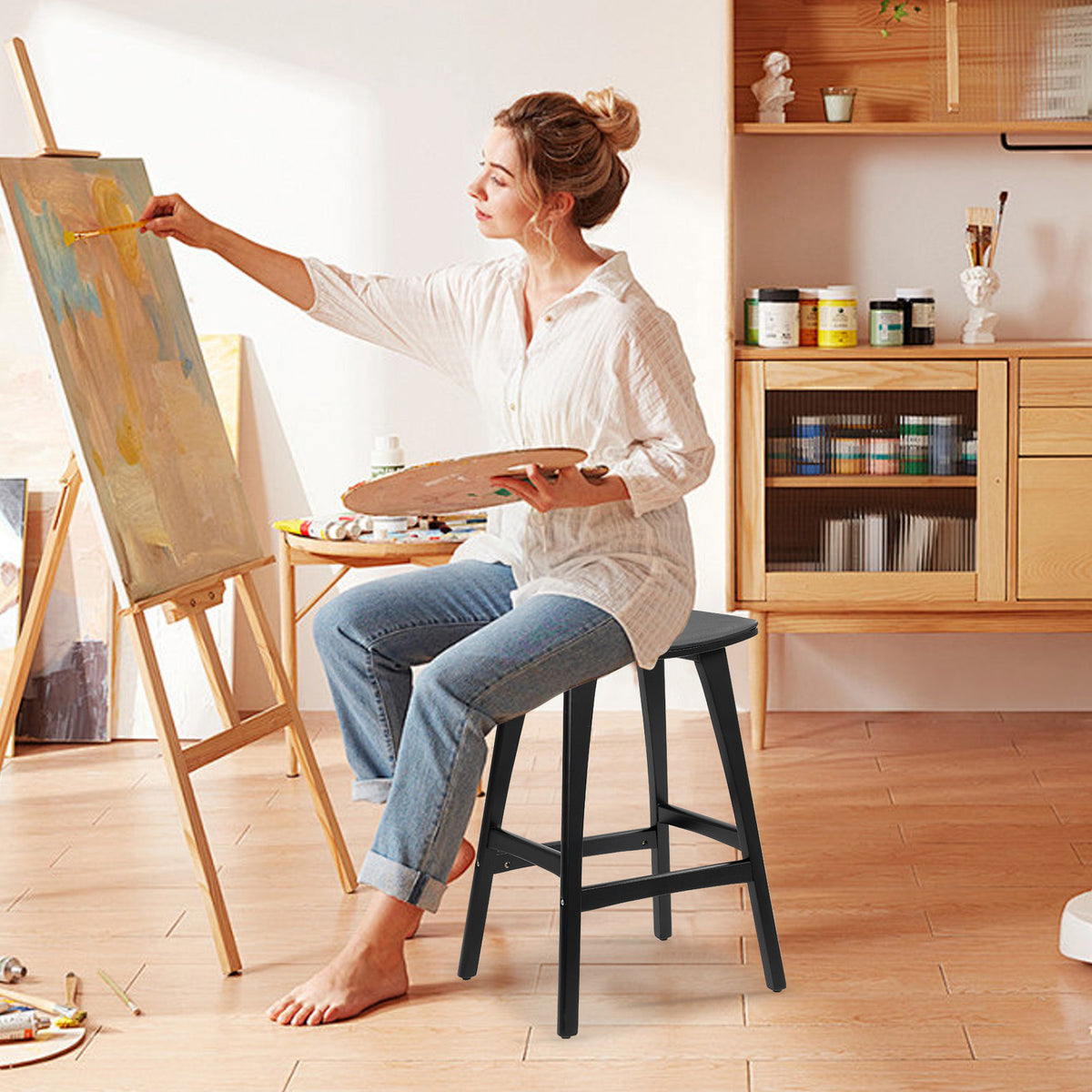 4X Wooden Bar Stool | Padded PU Leather Dining Chair | Kanso | 65cm | Black