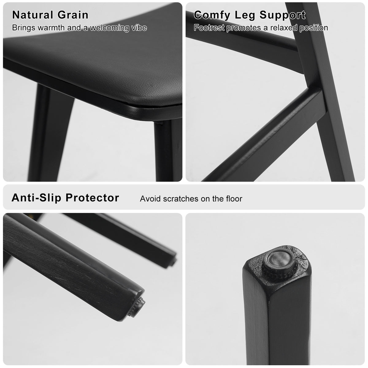4X Wooden Bar Stool | Padded PU Leather Dining Chair | Kanso | 65cm | Black