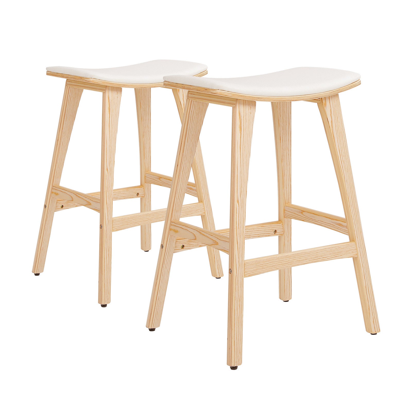 2X Wooden Bar Stool | Padded Fabric Dining Chair | Kanso | 65cm | Beige