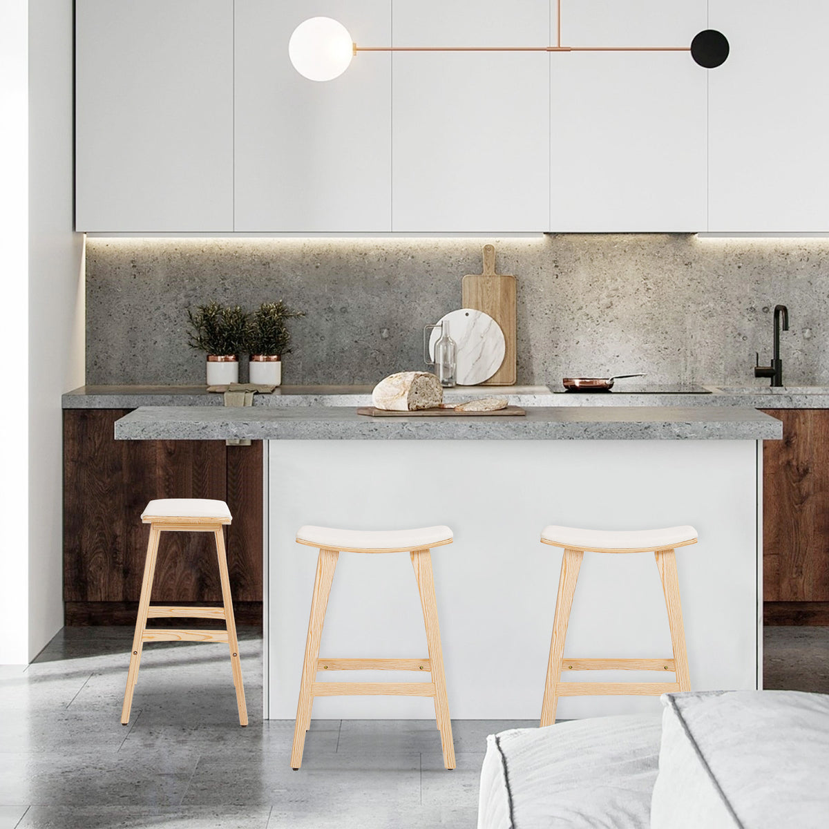 2X Wooden Bar Stool | Padded Fabric Dining Chair | Kanso | 65cm | Beige