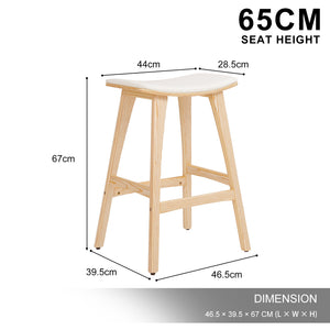 2X Wooden Bar Stool | Padded Fabric Dining Chair | Kanso | 65cm | Beige